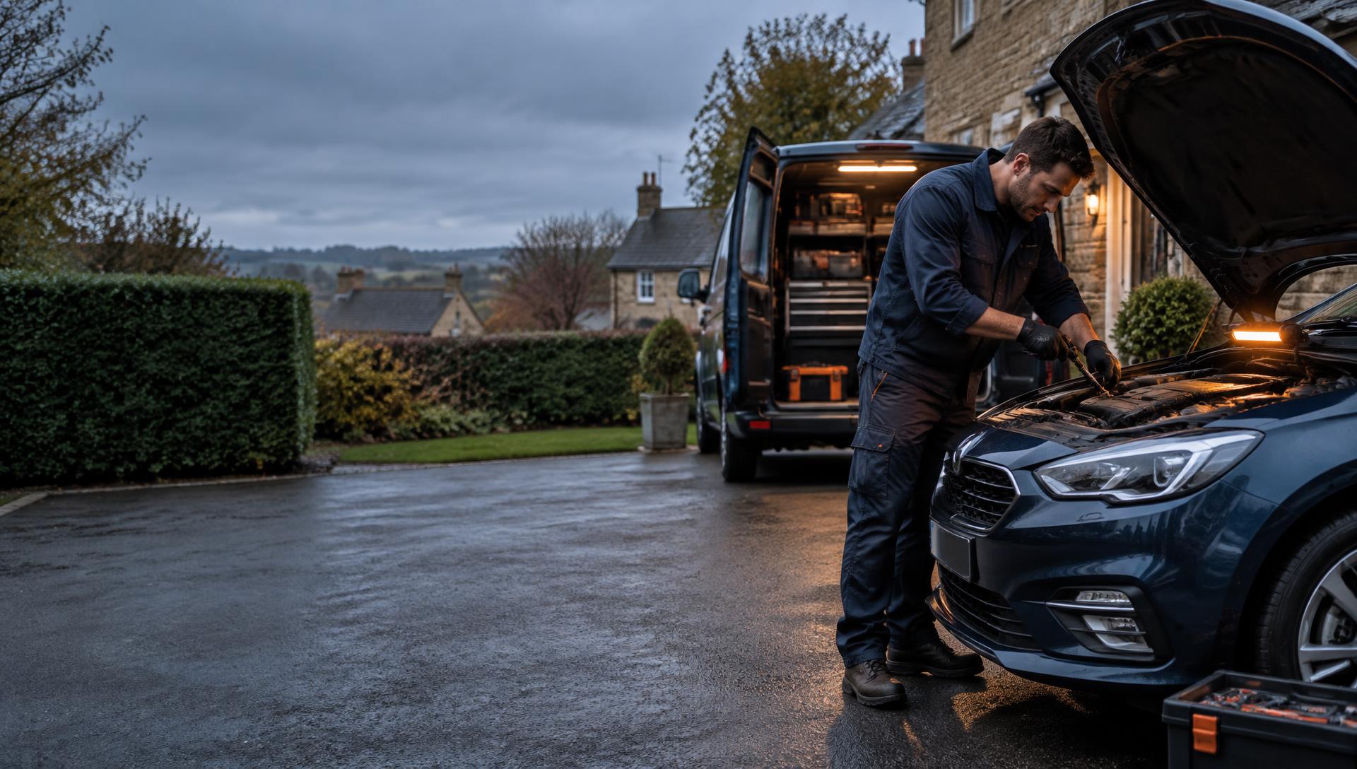 Mobile mechanic working on a car at a customer's driveway